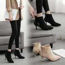 100 Hitch Cat Heel Short Boots Woman High Heel Shoes Sequin Shoes Slim Heel Boots 2021 New Autumn Winter With Womens Shoes