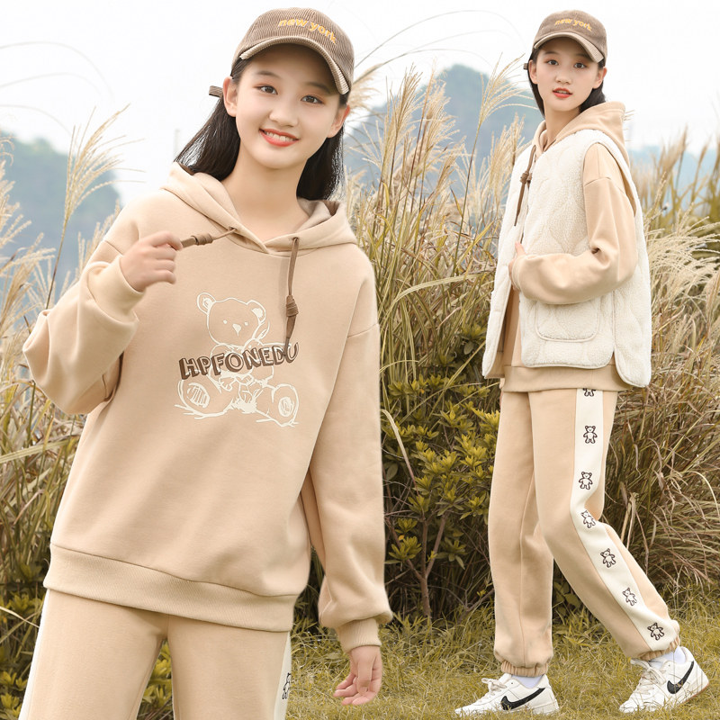 Girls sportswear suits junior high school students winter clothes big boys autumn and winter high school girls fashion girls plus velvet thickening