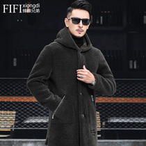 Sheep shearing mens fur one-piece Haining winter fur coat Lamb hair medium and long leather trench coat double-sided wear jacket