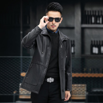 Leather leather mens first layer cowhide medium long lapel Haining slim business casual leather windbreaker jacket jacket