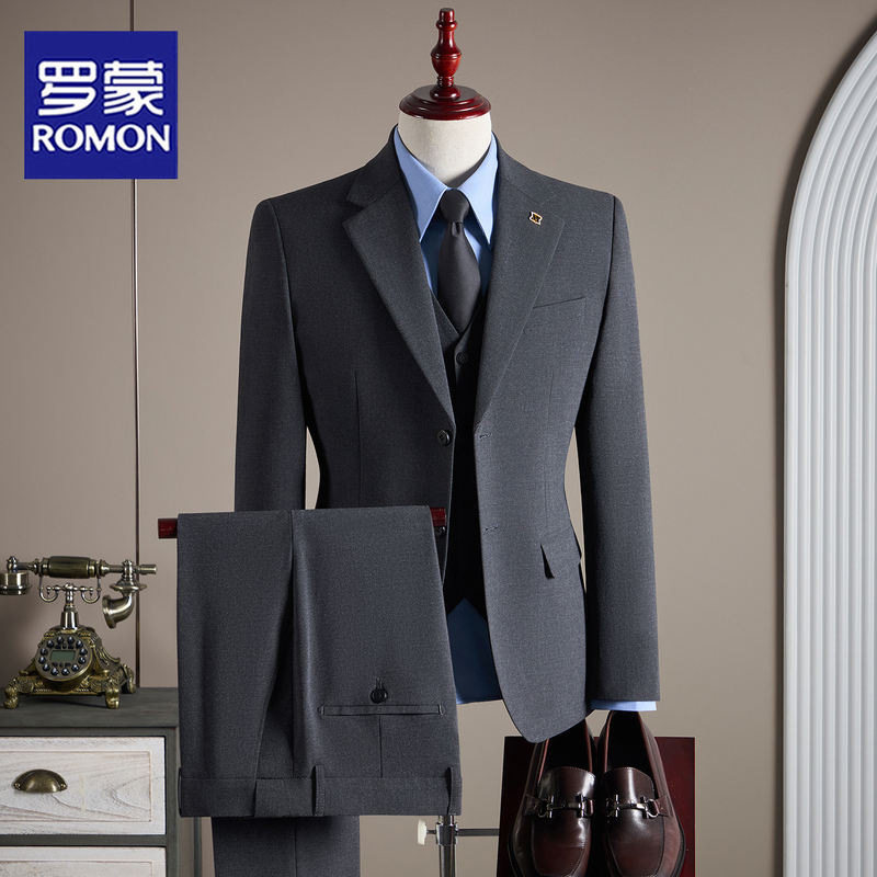 Romon Suit Set Men's Three-Piece Business Formal Wear Casual Slim British Suit Men's Groom Wedding Dress