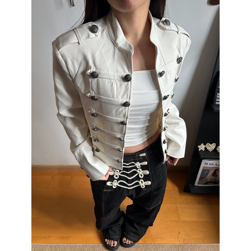 Kismets Palace-Style White Stand-Up Collar Buttoned Cardigan Short Jacket Women's Napoleon Jacket Old Money Top Trendy