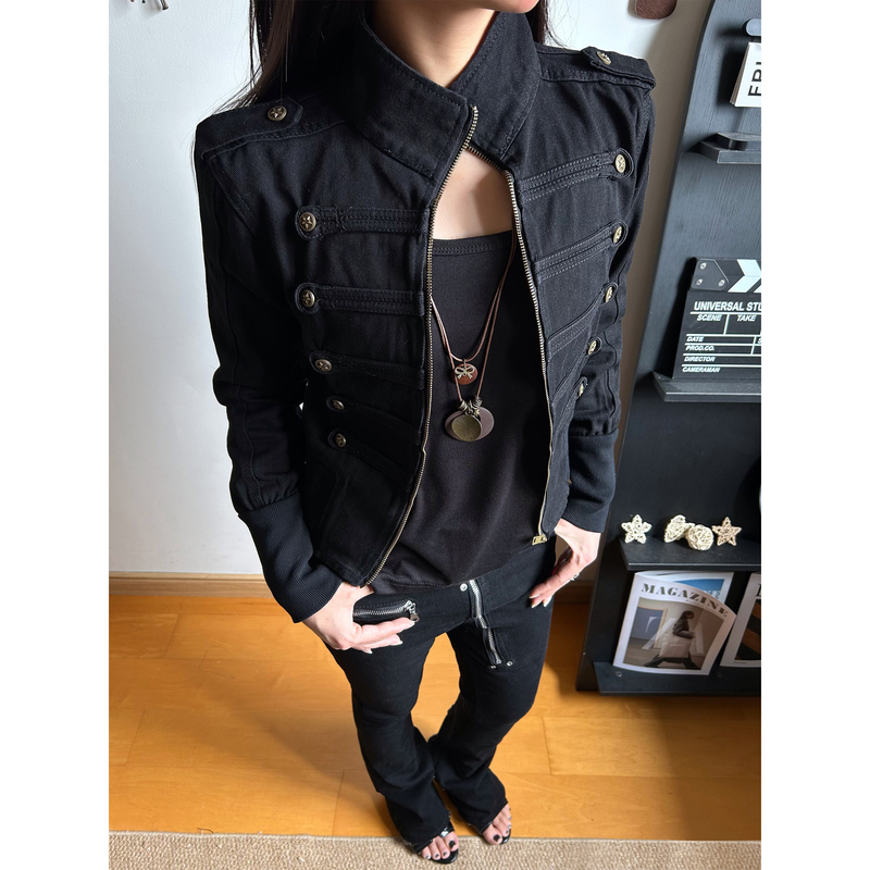 Kismets Black Napoleon Jacket Double-Breasted Denim Short Coat Women's Slim Fit Metal Button Top