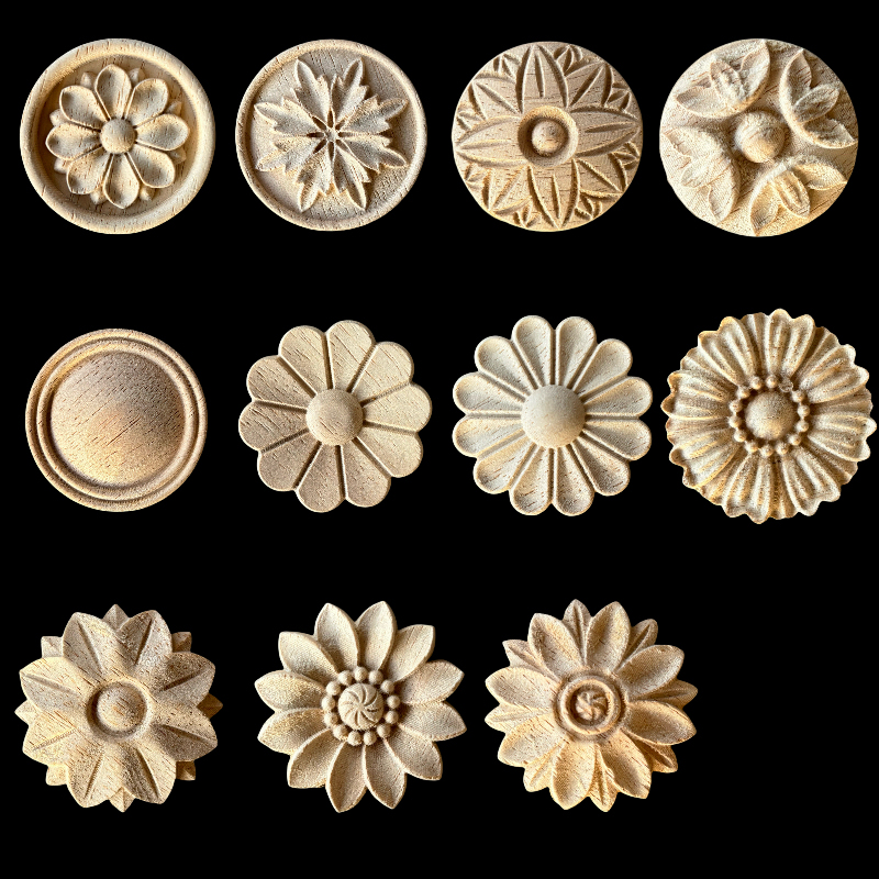 Dongyang Wood Carving Solid Wood Carved Small Round Flower, Round Wood Flower Patch for Furniture Door Center, Round Disc Decorative Small Wood Flower