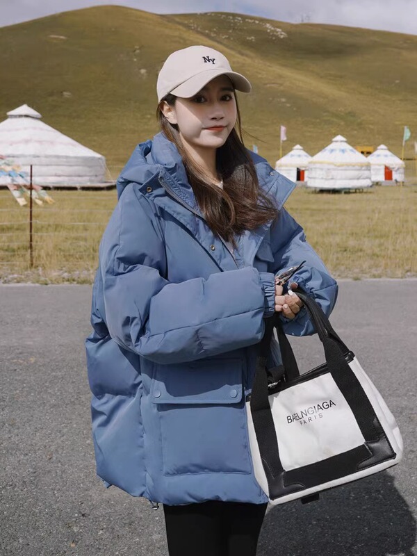 Blue down Cotton Jacket for Women, Popular Model, 2025 Winter New Korean Style, Loose Fit, Short Style for Petite Women, Thickened Cotton Coat
