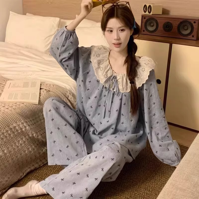 Korean Style Sweet Lace Padded Pajamas for Women, Spring and Autumn Thin Long-Sleeved Bow Thin Cotton Home Wear Two-Piece Set Korean Style Sweet Lace Padded Pajamas for Women, Spring and Autumn Thin Long-Sleeved Bow Thin Cotton Home Wear Two-Piece Set