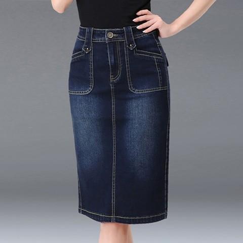 Hàn Quốc phiên bản của eo cao phía sau vừa mở ngã ba dài denim váy váy váy thân túi mỏng hông một bước của váy đàn hồi