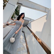 Ye Xiaoxian blue gray shoulder strap long bridesmaid dress sister group toast evening dress 2020 New