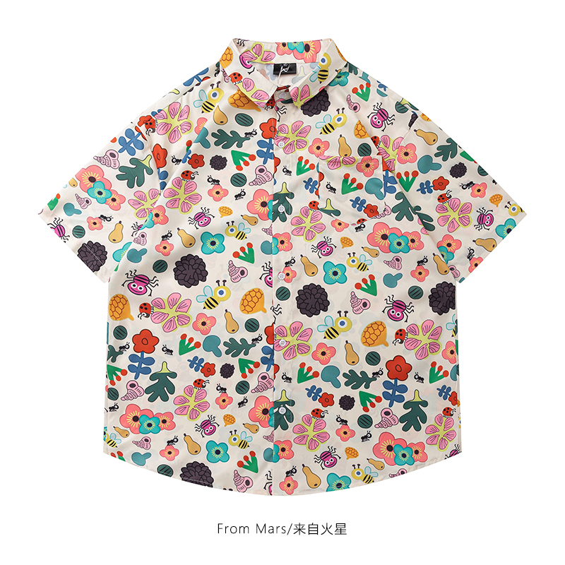From Mars Childlike Little World Cute and Fun Cartoon Animals and Plants All-Over Print Short-Sleeve Shirt Loose and Trendy ins