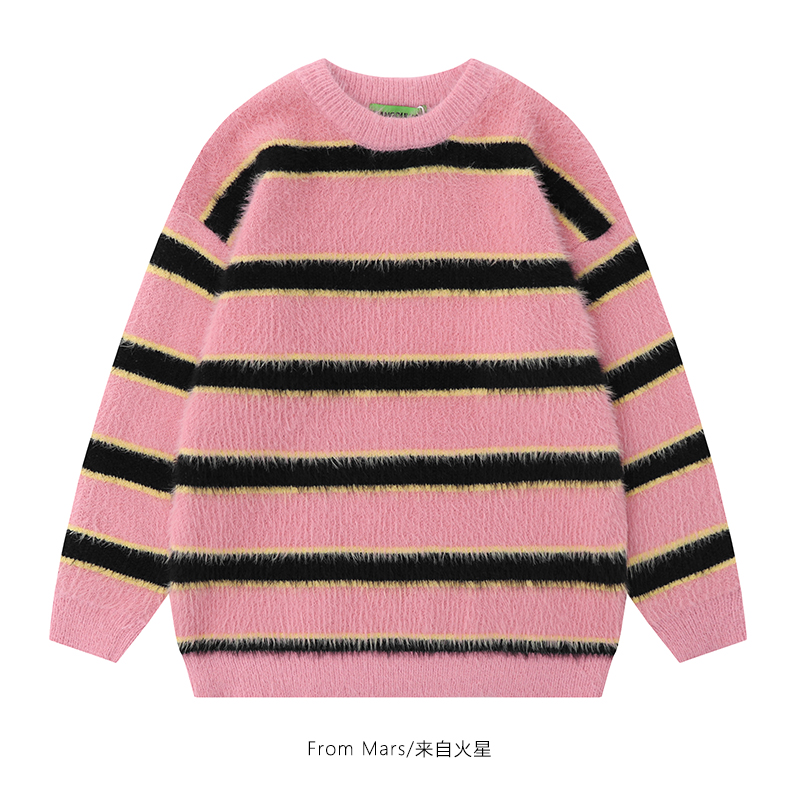 From Mars Earthly also romantic sweet and soft glutinous Coloured striped Knitted Sweater 100 lapped round neck sweater-Taobao