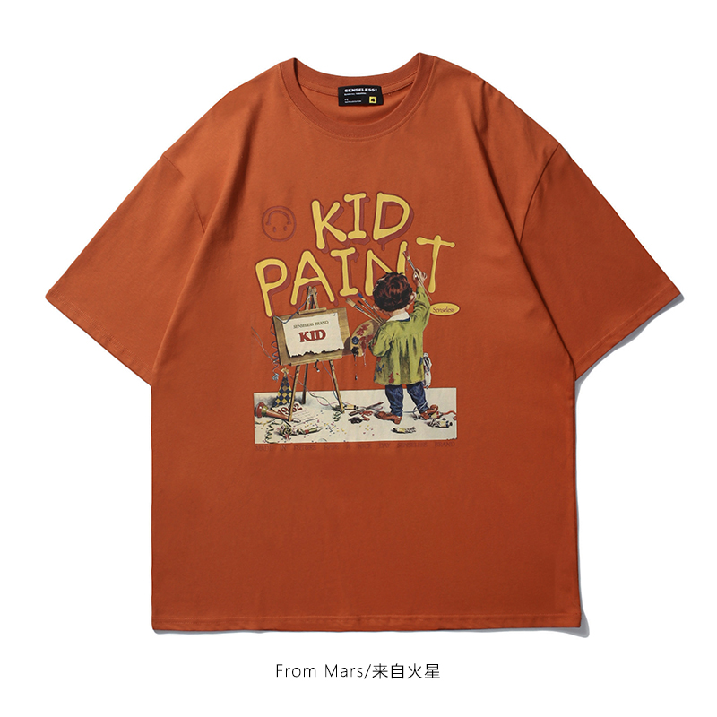 Painting Little Genius Tide Brand Loose Crewneck Short Sleeve Cotton Retro American Printed Orange T-shirt Couple Men's and Women's Jacket