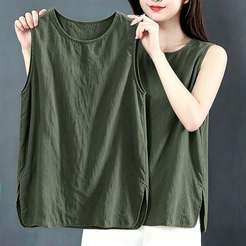 Summer New Cotton and Linen Suspender Vest, Loose Large Size, Slit Design, Slimming, Artistic Retro Sleeveless Ethnic Style Women's Top Summer New Cotton and Linen Suspender Vest, Loose Large Size, Slit Design, Slimming, Artistic Retro Sleeveless Ethnic Style Women's Top