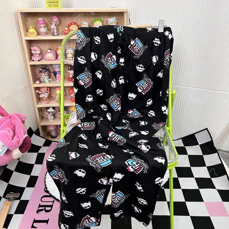 Black Skull Straight-Leg Pants for Women, Mid-High Waist, Elastic Waist, Casual Pants, Unique Cartoon Home Pants for Outdoor Wear
