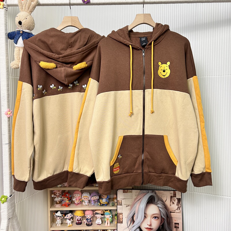 Co-Branded Winnie the Pooh Patchwork Heavy Embroidery Zip-Up Hooded Jacket Thick Fleece Sweet and Spicy Plus Size