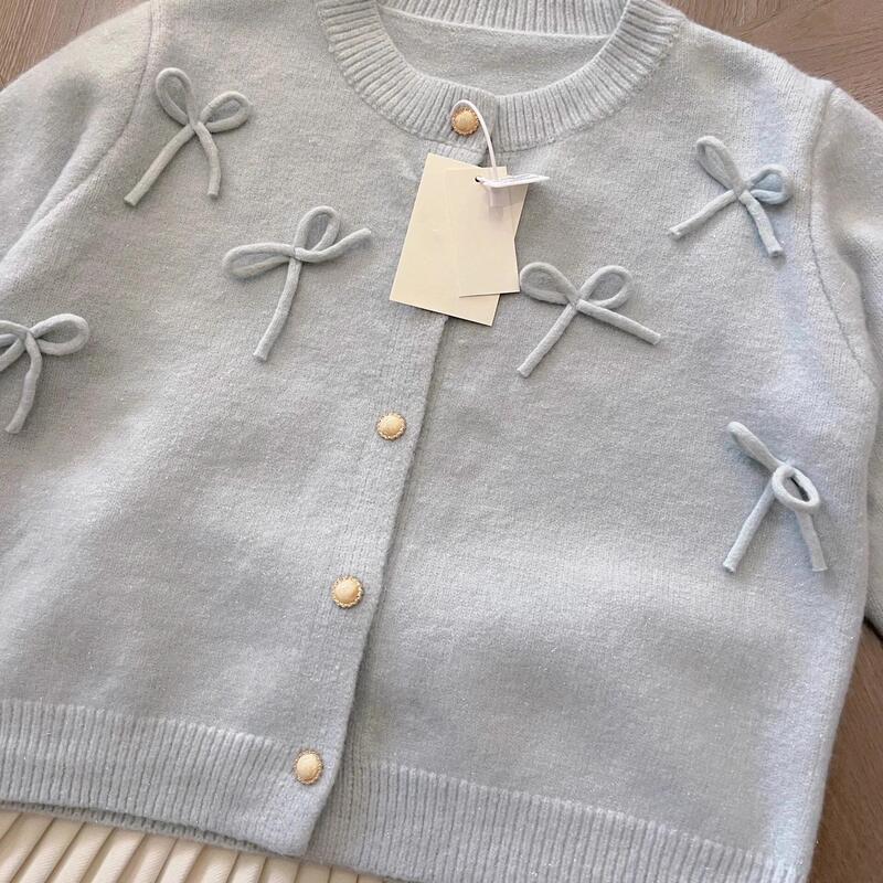 Soft and Fluffy Blue Sweater Cardigan for Women, Autumn and Winter, Unique Bow-Knot Stylish Knitted Top