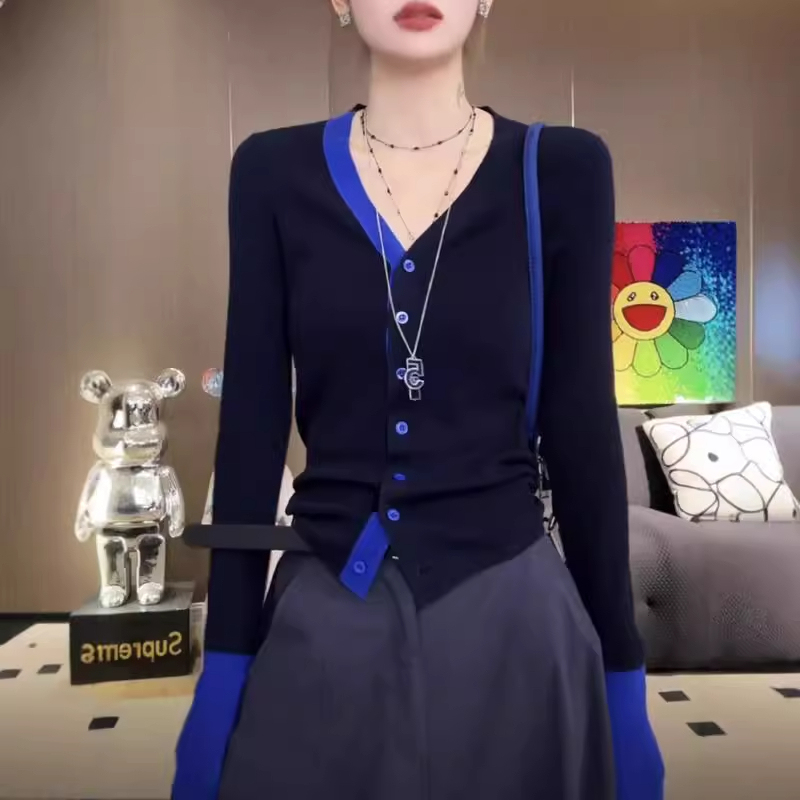 French-Style Design Color-Block Slim-Fit Sweater Cardigan for Women, New Autumn and Winter V-Neck Base Knit Top Jacket for Women French-Style Design Color-Block Slim-Fit Sweater Cardigan for Women, New Autumn and Winter V-Neck Base Knit Top Jacket for Women