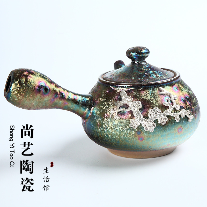 Seven Colorful Peacock Inlaid Silver Teapot Kiln Varnisho tea with large ceramic side to make pot home single pot filter tea maker