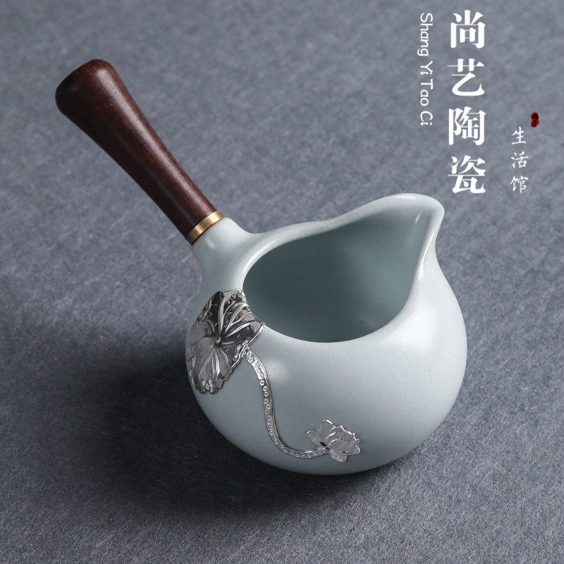 Ru kiln can raise open sheet solid wood side handle work inlaid silver fair cup sub-tea ware util tea accessories ceramic tea sea