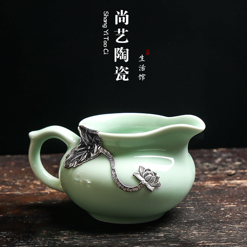 Inlaid silver ceramic fair cup green porcelain large notary cup tea sea sub-tea instrumental uniform cup koru tea with tea set accessories-Taobao
