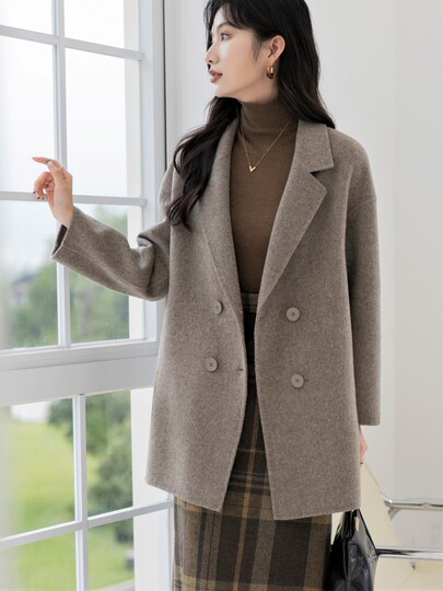 High-End Double-Sided Cashmere Coat for Women, Short Style, 2025 Autumn and Winter New Model, Loose Fit, Elegant Camel Color, Double-Breasted Woolen Coat