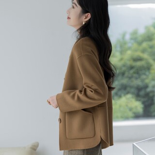 High-End Double-Sided Cashmere Coat for Women, Short Style, 2025 New Autumn and Winter Camel Color, Elegant Loose Woolen Coat for Women