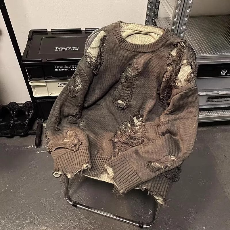 ins Piushuai Plus Size 150kg Loose Distressed Sweater for Men, Autumn and Winter Hong Kong Style Retro High-End Round Neck Knitwear ins Piushuai Plus Size 150kg Loose Distressed Sweater for Men, Autumn and Winter Hong Kong Style Retro High-End Round Neck Knitwear