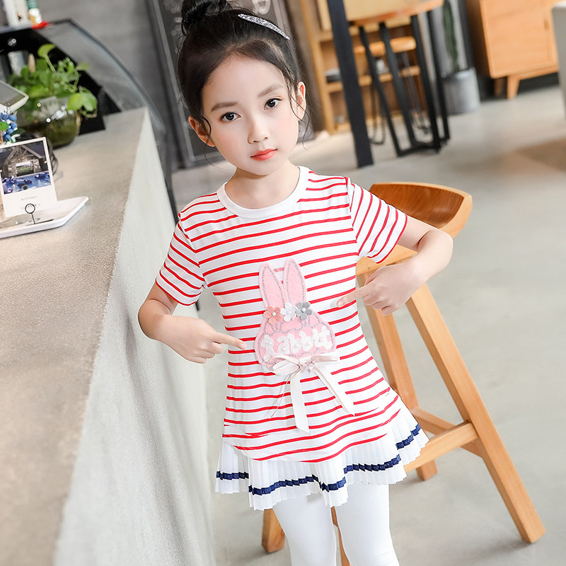 2023 Summer Girls Short Sleeve T - shirt New Children's Fold Dress to put on a long striped topper in a T - shirt baby