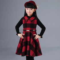 Girls  autumn and winter dresses Wool sundress Mid-size childrens vest dress Childrens princess plaid dress winter clothes