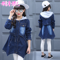 Childrens clothing spring 8 Girls denim jacket hooded 9 Childrens denim windbreaker 12-year-old female childrens top spring and autumn Korean version