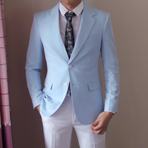 Autumn tide mens suit jacket Zhang Zhe Han with herringbone pattern sky blue slim high-end sense fried street suit men