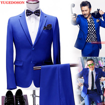 Suit mens suit Royal Blue slim youth Korean version handsome British style Mens two-piece Ruffian handsome suit suit