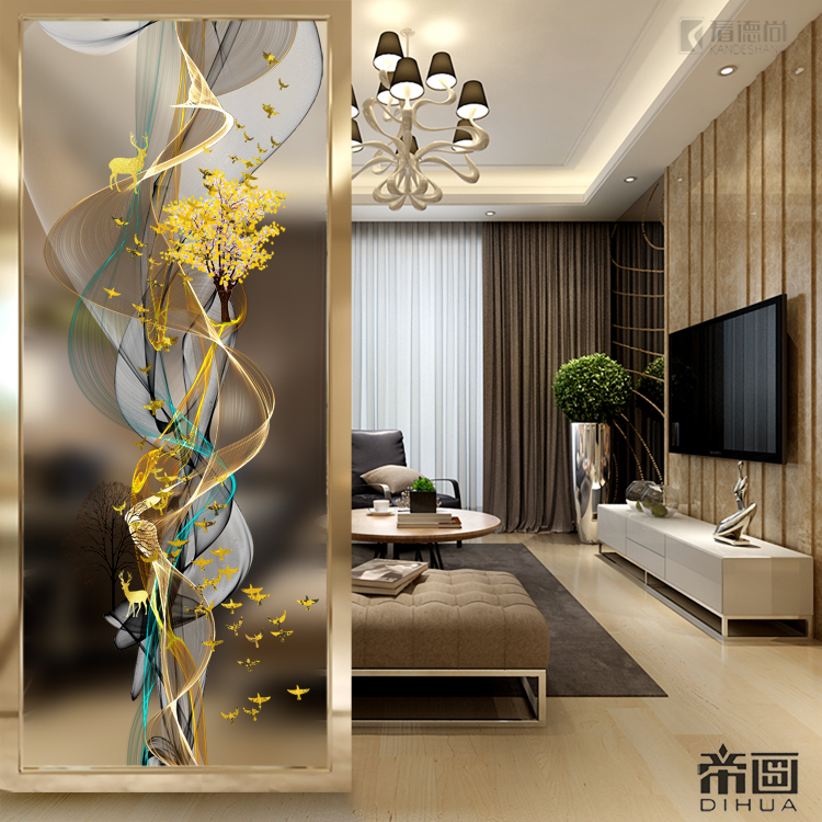 Custom art glass screen partition wall Modern living room tempered entrance Frosted translucent double-sided light luxury abstract