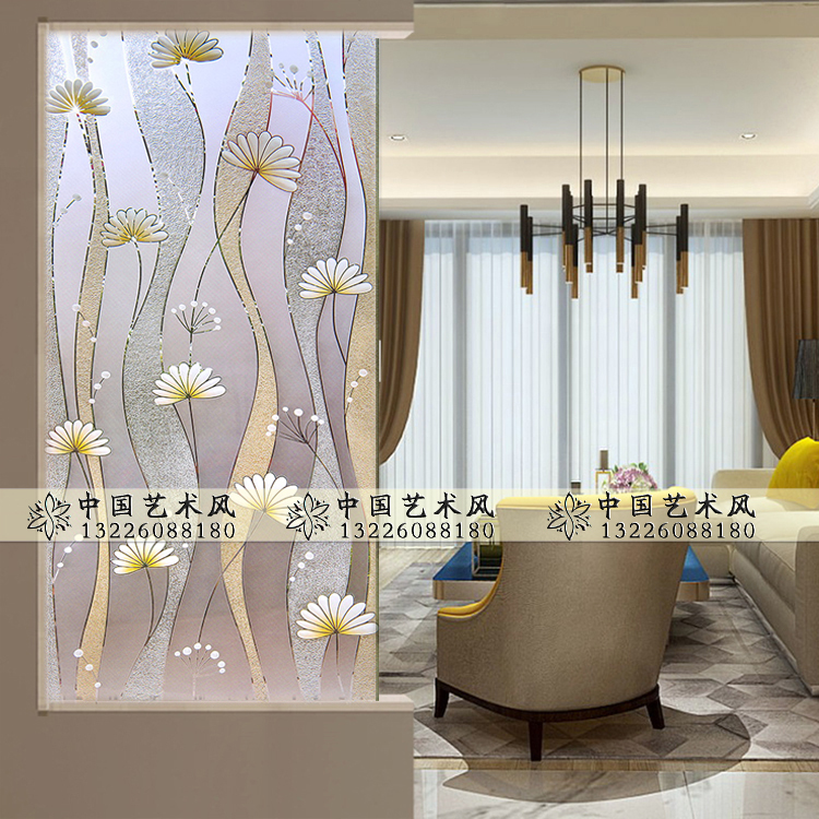 Modern Art Glass Living Room Shoe Cabinet Screen Partition Engraving process Glass Entry Genguan Background Wall Dandelion