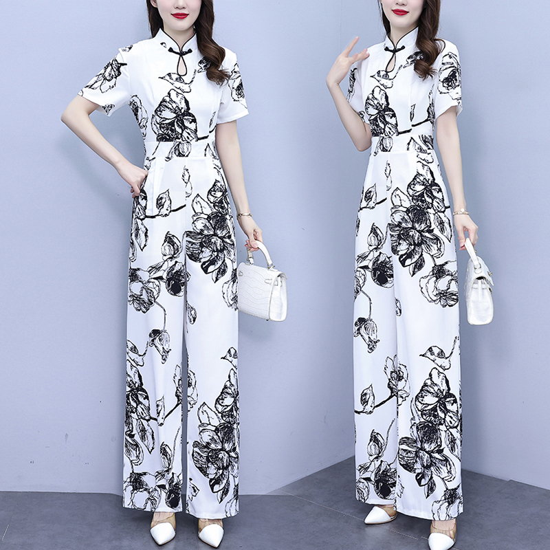 Fashionable and Elegant Improved Cheongsam Jumpsuit Set for Women, Summer 2026 New Style, High-Waisted, Slimming, Wide-Leg Jumpsuit, Thin Style Fashionable and Elegant Improved Cheongsam Jumpsuit Set for Women, Summer 2026 New Style, High-Waisted, Slimming, Wide-Leg Jumpsuit, Thin Style
