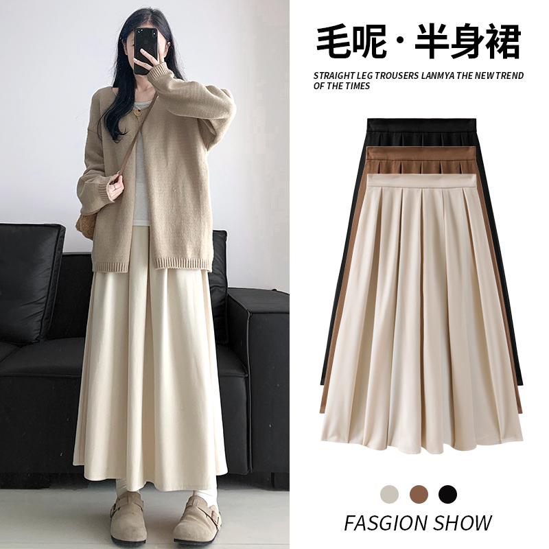 White Pleated Skirt for Women, Autumn and Winter 2025 New Style, Pear-Shaped Body Slimming A-Line Umbrella Skirt, Woolen Mid-Length Skirt