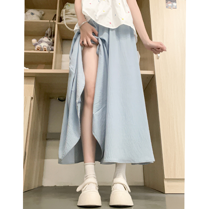 ブルーアイスシルクスカートパンツレディース夏2025新作ハイウエストAラインスリムプリーツスカートドレープワイドレッグパンツスカート