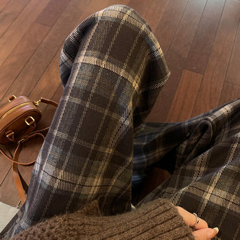 Contrast Color Fleece-Lined Plaid Pants for Women, Autumn and Winter Vintage Lazy Style Floor-Length Straight Pants, High-Waisted Drape Narrow-Fit Woolen Wide-Leg Pants