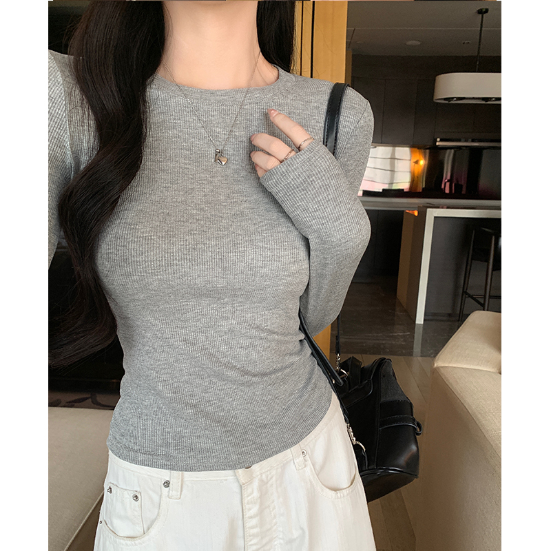 Gray Round-Neck Long-Sleeve T-Shirt for Women, Suitable for Spring and Autumn, Slim Fit, Flattering, Waist-Cinching, Tight-Fitting, Trendy Top Gray Round-Neck Long-Sleeve T-Shirt for Women, Suitable for Spring and Autumn, Slim Fit, Flattering, Waist-Cinching, Tight-Fitting, Trendy Top