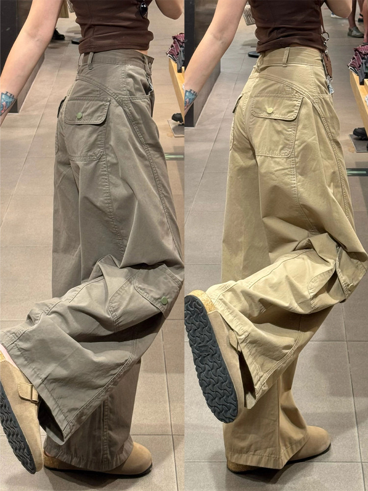 Khaki Multi-Pocket Scimitar Pants for Women, Autumn 2025 New Style, Loose Fit, Slimming, Versatile, Wide-Leg Casual Work Pants