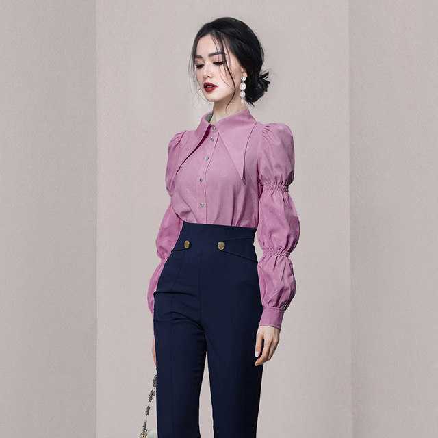 Palace style French chic puff sleeve top niche design high-end pink professional shirt women 2022 new