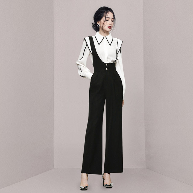 Early autumn suspenders wide-leg pants suit light and mature style women's long-sleeved white shirt high waist foreign style age-reducing two-piece trousers