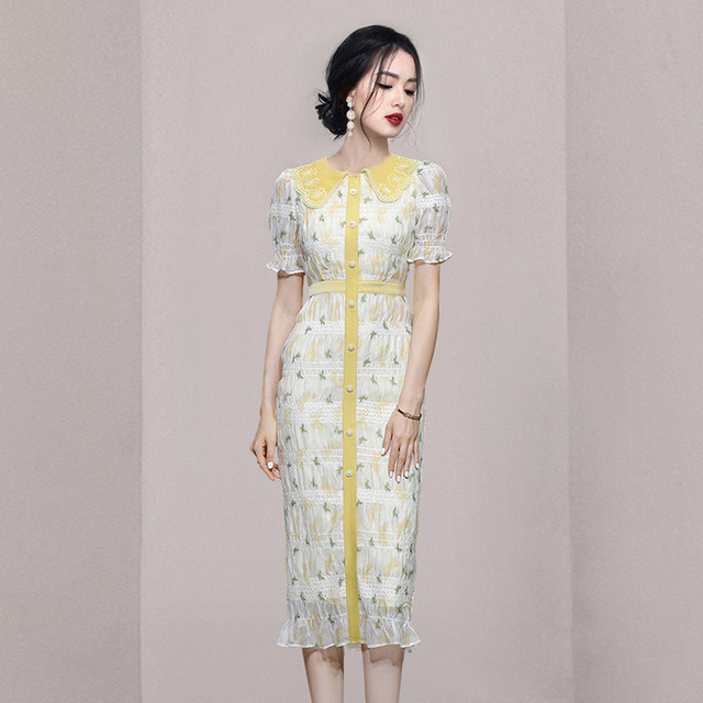 Temperament celebrity floral skirt summer 2022 new long section color matching female Korean style doll collar one step wooden ear dress