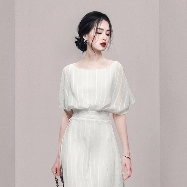 Long skirt pear-shaped figure temperament celebrity sexy slit irregular fishtail chiffon dress 2022 new women's summer