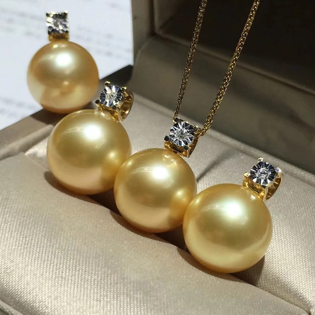 南洋金珠18K金王妃款吊坠项链:正圆浓金天然海水珍珠与钻石镶嵌的奢华盛宴-颈饰-淘宝百科网