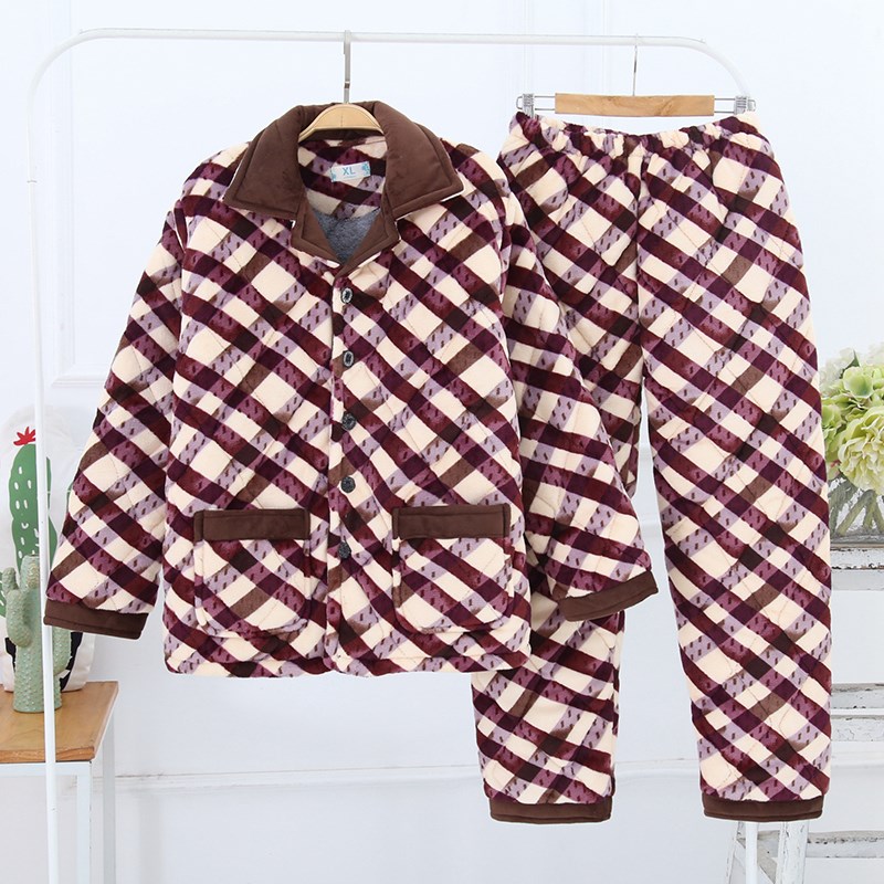 Bộ đồ ngủ mùa đông mens flannel ba lớp cộng với nhung dày nhung san hô trẻ có thể mặc bên ngoài bông dễ thương để giữ ấm.