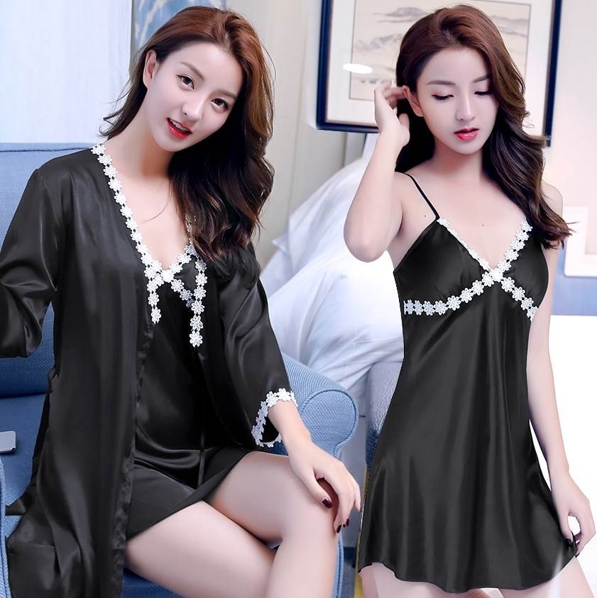 bộ đồ ngủ (San Silk) mùa xuân băng lụa cáp treo mặc váy sexy ren lụa pajama womens hai mảnh phù hợp.