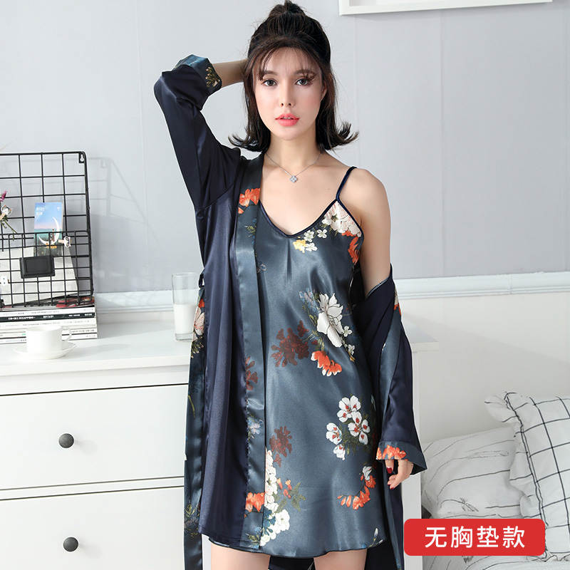 Sling Pyjama hai mảnh bộ với ngực pad lụa băng vào mùa xuân và mùa thu mềm mại màu hồng cám dỗ phổ biến với ngực pad nhà.