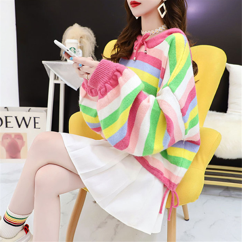 Very Fairy-Like Rainbow Striped Sweater for Women, Short Style, 2023 Autumn and Winter New Korean Version, Loose Student Knitted Hooded Top