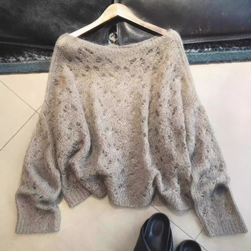 High-End Hollow-Out Gray Sweater for Women, 2025 Spring Thin Soft Mohair Lazy Style, Age-Reducing Versatile Pullover Top
