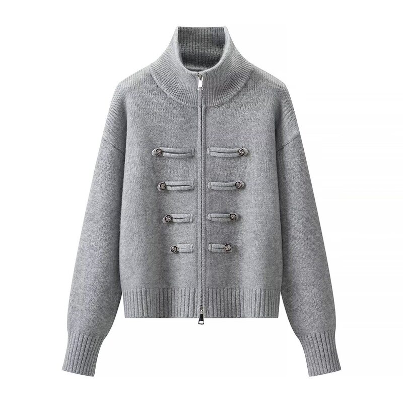 Casual Style Stand-Up Collar Zipper Knitted Cardigan for Women, New Autumn and Winter Versatile Sweater Jacket with Metal Buckle Decoration